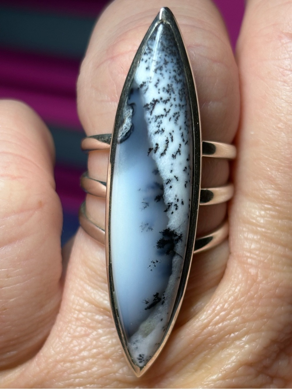 Sterling Silver Dendritic Opal Marquise Ring - White and Black